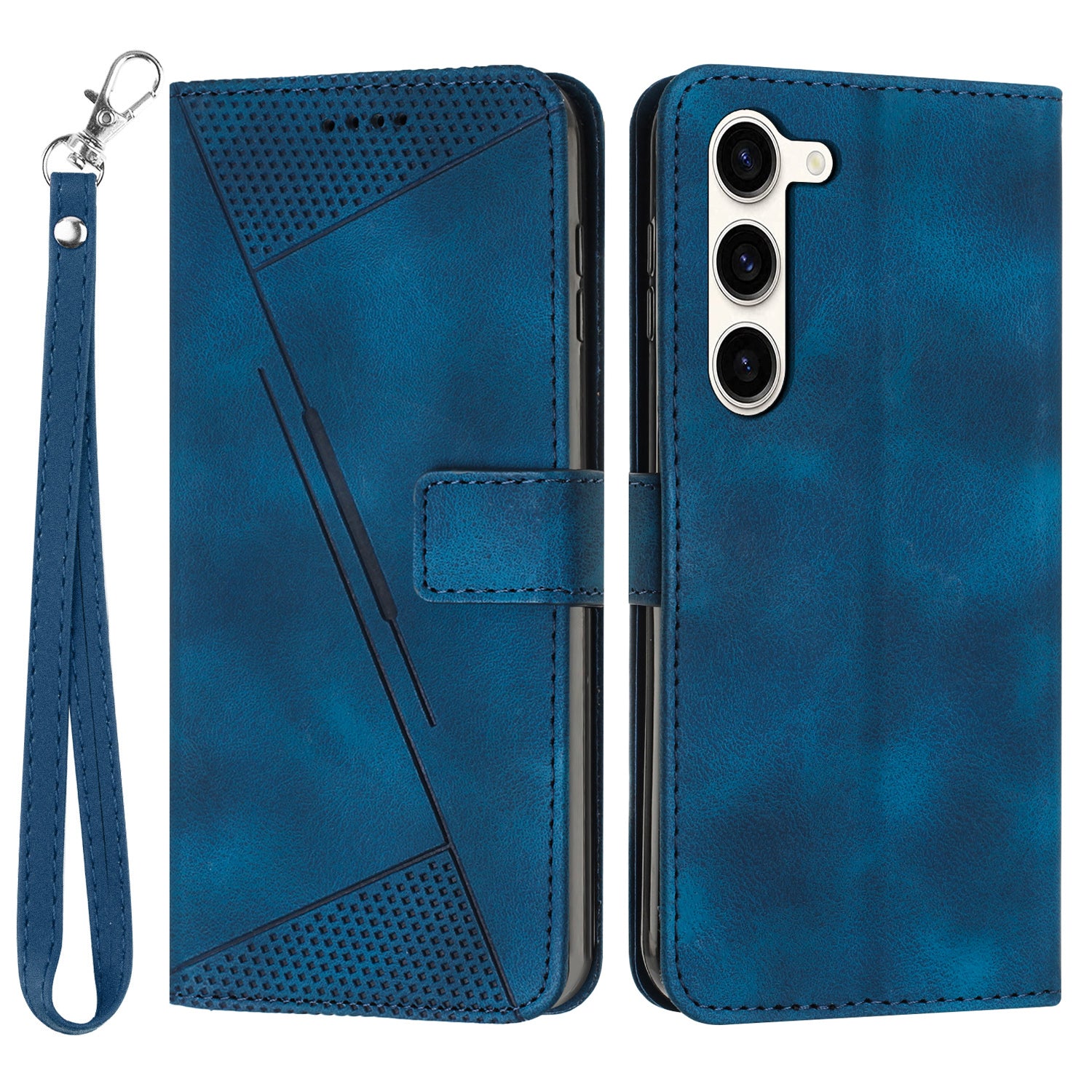 Triangle Imprint Leather Cover for Samsung Galaxy S23 Folding Stand Wallet Phone Case with Strap Triangle Imprint Leather Cover for Samsung Galaxy S23 Folding Stand Wallet Phone Case with Strap